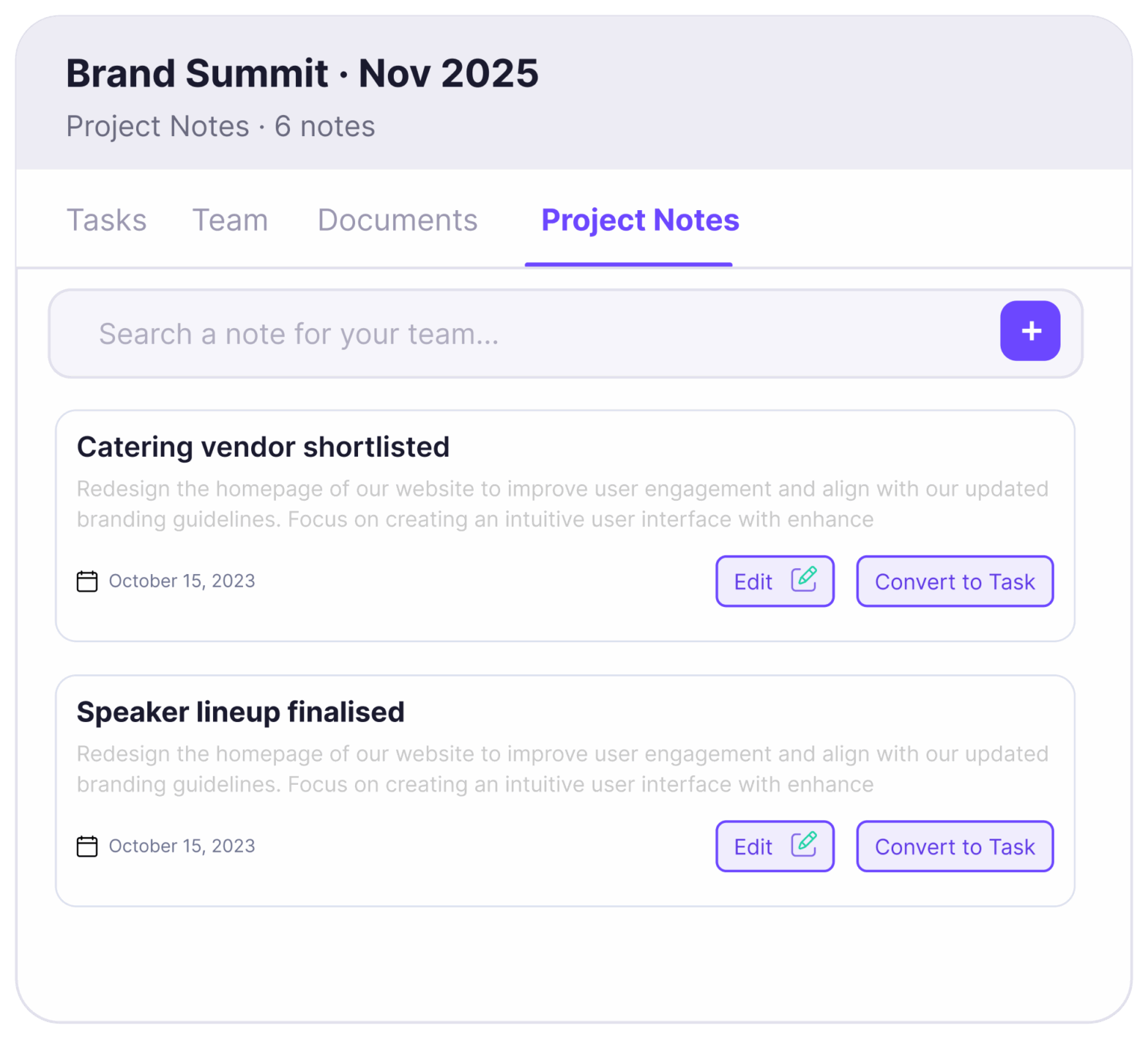 Project Notes feature inside Praloop AI Planning Tool